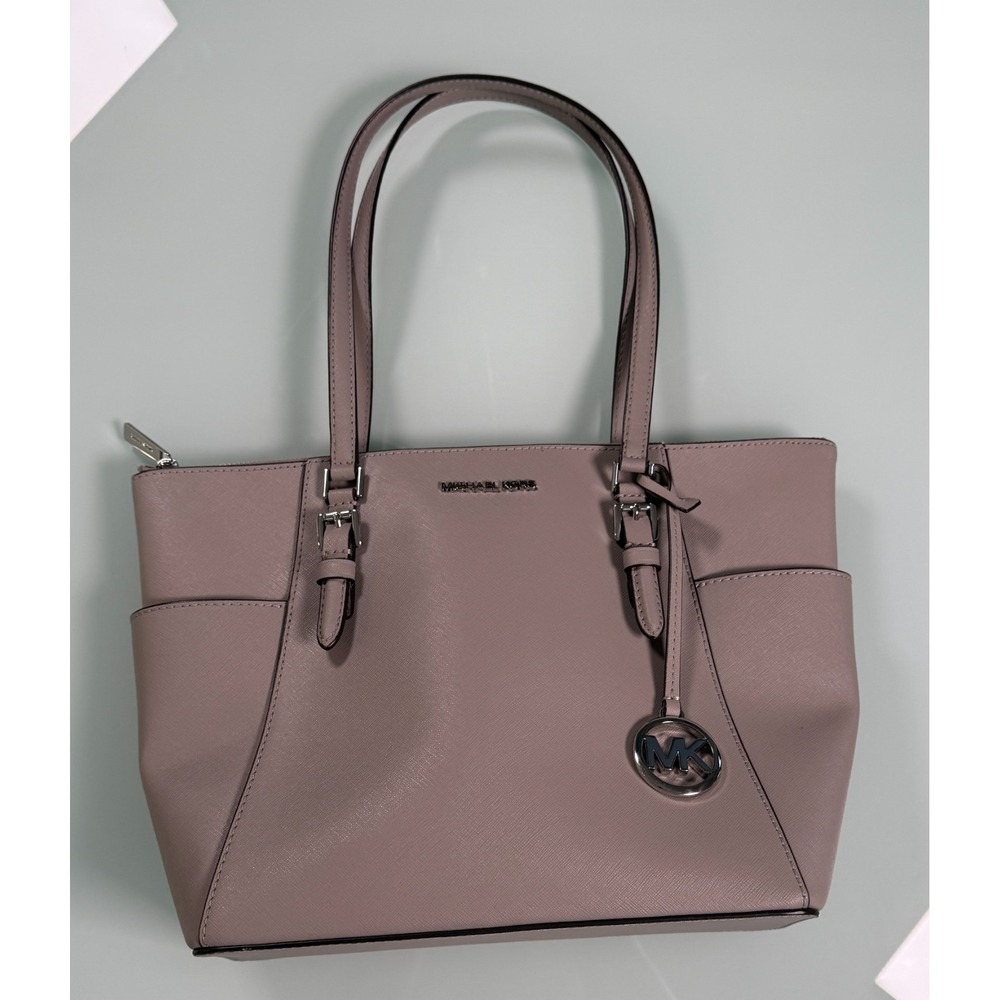 Michael Kors Charlotte Large Top Zip Leather Tote Pearl Gray #35FOSCFT3L - Picture 1 of 14